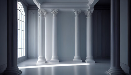 Naklejka premium A room with white columns and a large window closeup background, Ai generated image