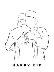 hand drawn line art vector of Muslim family and friends celebrating EID. Muslims get together. Happy Ramadan