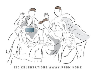 hand drawn line art vector of Muslim family and friends celebrating EID. Muslims get together. Happy Ramadan