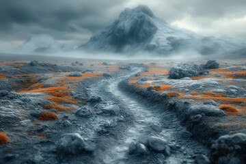 Fototapeta premium A photo of a sparse landscape with a single winding path, leading the eye through the scene. Concept of journey and exploration in space. Generative Ai.