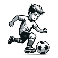 Happy cute little boy playing soccer football game in action cartoon vector illustration, kid player kicking ball design template isolated on white background