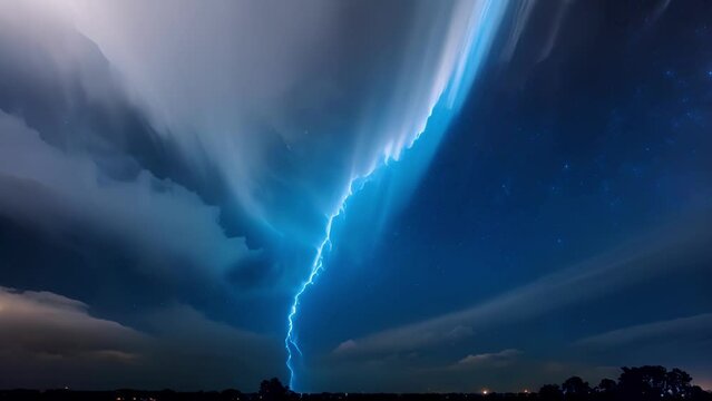 In the stillness of the night pale blue bolts of lightning silently strike the mesosphere revealing the ethereal beauty of noctilucent clouds.