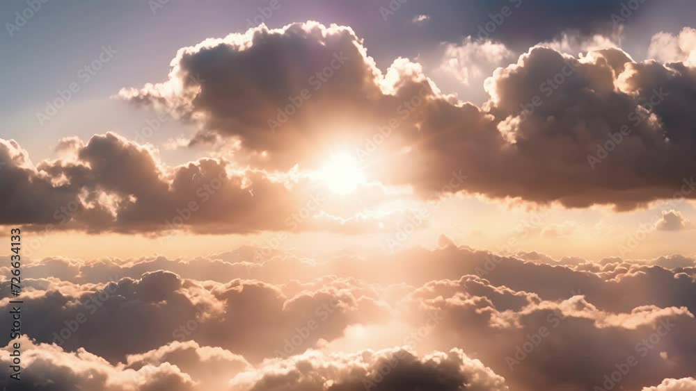Poster the clouds part ways revealing a stunning sun flare and creating a dreamy atmosphere.