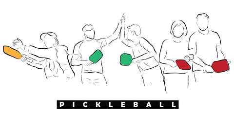 Hand drawn line art vector of Pickleball Champions. Pickleball poster art. Sports concept