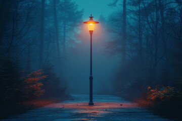 A lone street lamp in an empty street at night, creating a mood of solitude and mystery. Concept of...