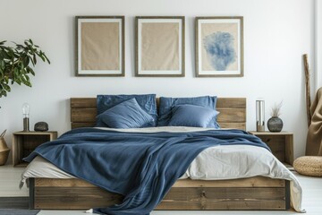 A rustic wooden bed with blue pillows and two bedside tables against