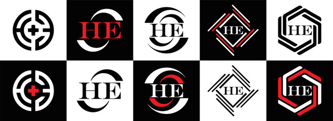 HE logo. H E design. White HE letter. HE, H E letter logo SET design. Initial letter EE linked circle uppercase monogram logo. H E letter logo SET vector design. HE letter logo design	
