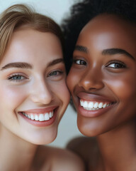 different nation woman: african-american, caucasian together isolated on white background happy smiling, diverse type on skin, lifestyle people concept
