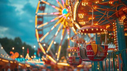 Empty carousel cart ride in the evening. Neon lights illuminating the rides. - obrazy, fototapety, plakaty