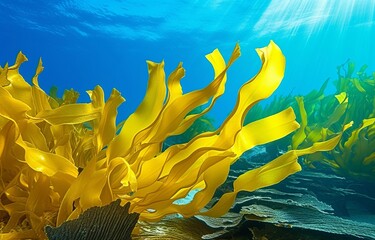 Yellow sea grass of the underwater world. Sea grass underwater. Underwater sea grass. Yellow sea grass underwater