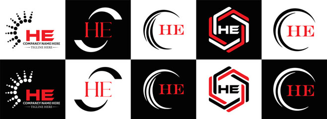 HE logo. H E design. White HE letter. HE, H E letter logo SET design. Initial letter EE linked circle uppercase monogram logo. H E letter logo SET vector design. HE letter logo design	
