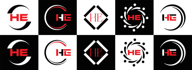 Fototapeta premium HE logo. H E design. White HE letter. HE, H E letter logo SET design. Initial letter EE linked circle uppercase monogram logo. H E letter logo SET vector design. HE letter logo design 
