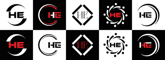 HE logo. H E design. White HE letter. HE, H E letter logo SET design. Initial letter EE linked circle uppercase monogram logo. H E letter logo SET vector design. HE letter logo design	
