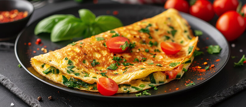 breakfast, omelette with stuffed egg and vegetables