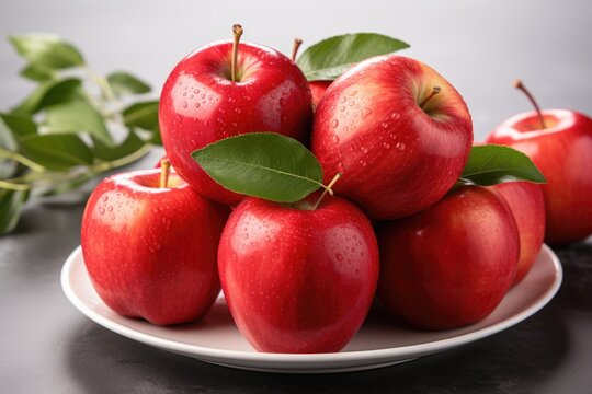 A photo of Apples red fresh mellow juicy in plate isolated on white background Generative AI