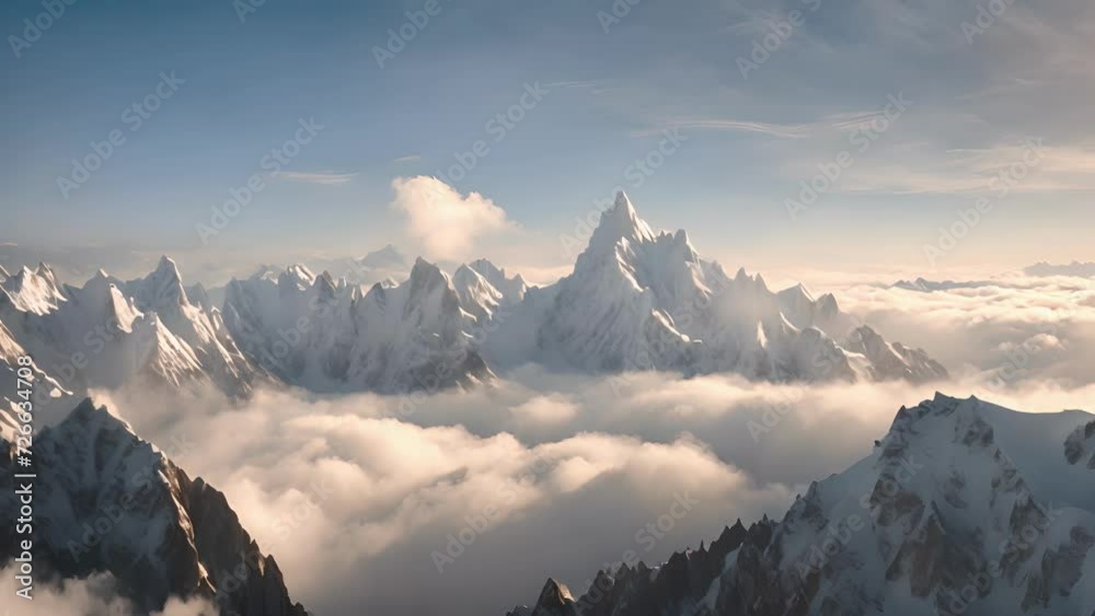Poster clouds like a soft white veil encapsulating the peaks of majestic mountains.