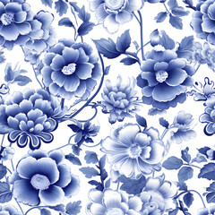 Seamless pattern of classic blue and white porcelain.