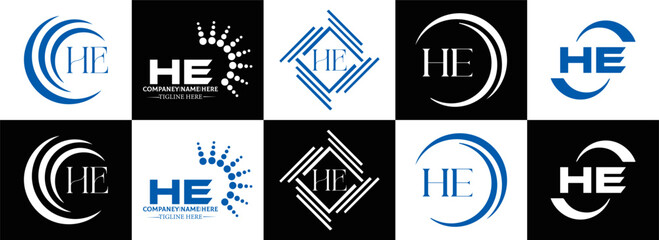 HE logo. H E design. White HE letter. HE, H E letter logo SET design. Initial letter EE linked circle uppercase monogram logo. H E letter logo SET vector design. HE letter logo design	
