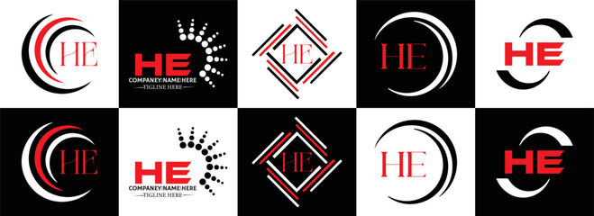 Fototapeta premium HE logo. H E design. White HE letter. HE, H E letter logo SET design. Initial letter EE linked circle uppercase monogram logo. H E letter logo SET vector design. HE letter logo design 