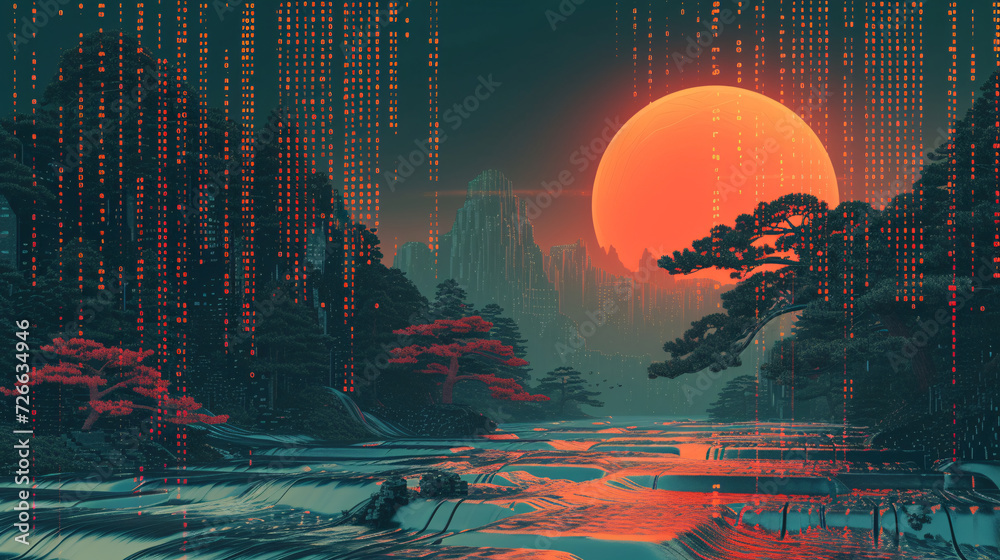 Wall mural digital binary data on background in japanese style.