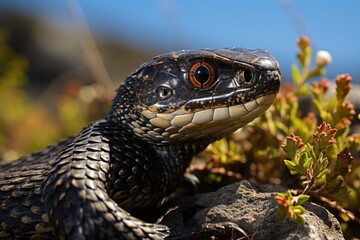 Obraz premium A photo of black iguana or lizzard macro shot Generative AI