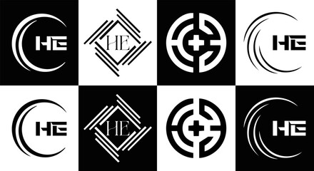 HE logo. H E design. White HE letter. HE, H E letter logo SET design. Initial letter EE linked circle uppercase monogram logo. H E letter logo SET vector design. HE letter logo design	
