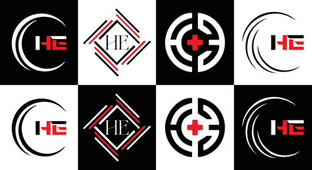 HE logo. H E design. White HE letter. HE, H E letter logo SET design. Initial letter EE linked circle uppercase monogram logo. H E letter logo SET vector design. HE letter logo design	
