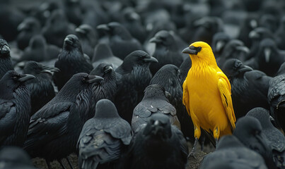Stand out form the crowd concept with yellow crow in large group of black crows