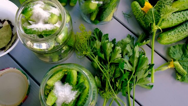 preservation of cucumbers in jars. Selective focus.