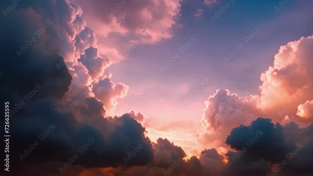 Poster Colors of dusk blend with towering Altocumulus Castell clouds creating a striking sight in the sky.