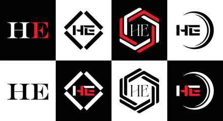 HE logo. H E design. White HE letter. HE, H E letter logo SET design. Initial letter EE linked circle uppercase monogram logo. H E letter logo SET vector design. HE letter logo design	
