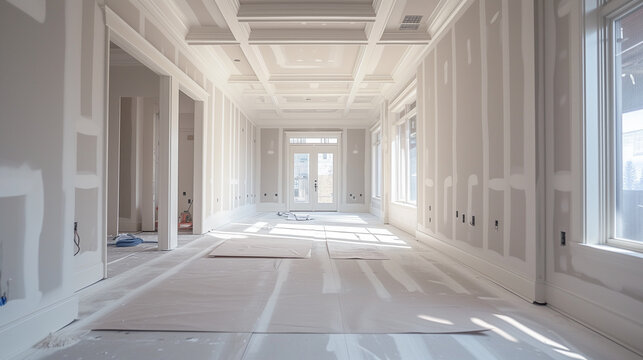 Drywall finishing stage, ready to be textured in a new house construction. 