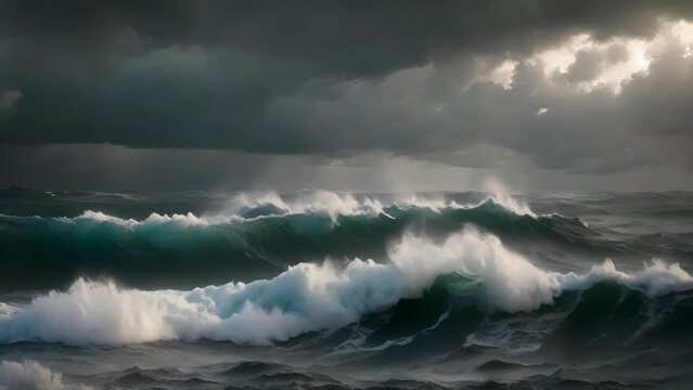An ominous sky looms over turbulent ocean waters