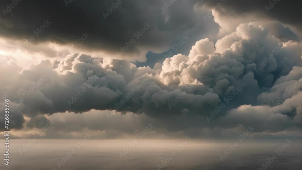Poster The sky enveloped in a thick layer of nimbostratus clouds releasing a steady rainfall.