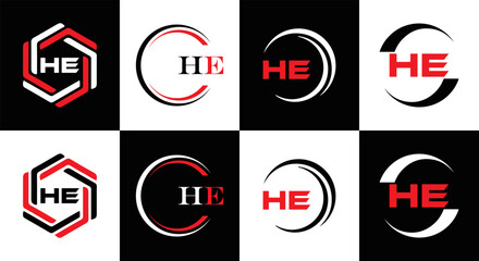 HE logo. H E design. White HE letter. HE, H E letter logo SET design. Initial letter EE linked circle uppercase monogram logo. H E letter logo SET vector design. HE letter logo design	
