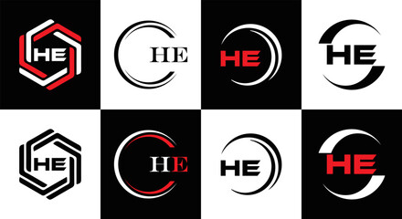 HE logo. H E design. White HE letter. HE, H E letter logo SET design. Initial letter EE linked circle uppercase monogram logo. H E letter logo SET vector design. HE letter logo design	
