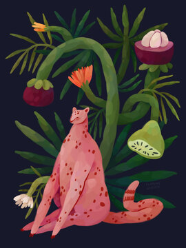 Leopard Surrounded By Tropical Plants, Pink Leopard, Tropical Fruits