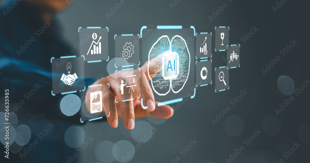 Poster ai tech expert business. businessman show virtual graphic global internet connect robot. chat ai, ar