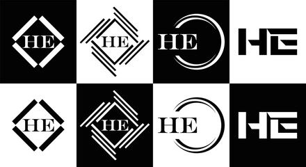 HE logo. H E design. White HE letter. HE, H E letter logo SET design. Initial letter EE linked circle uppercase monogram logo. H E letter logo SET vector design. HE letter logo design 