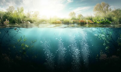 Design template with underwater part. light rays coming from the sun above the water, with bubble inside the water