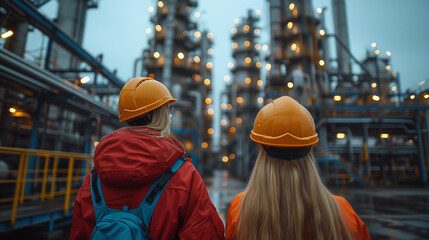 Women workers wearing safety helmets in a refinery or factory. Women engineers, industrial technicians, equality and diversity. Women in industry.