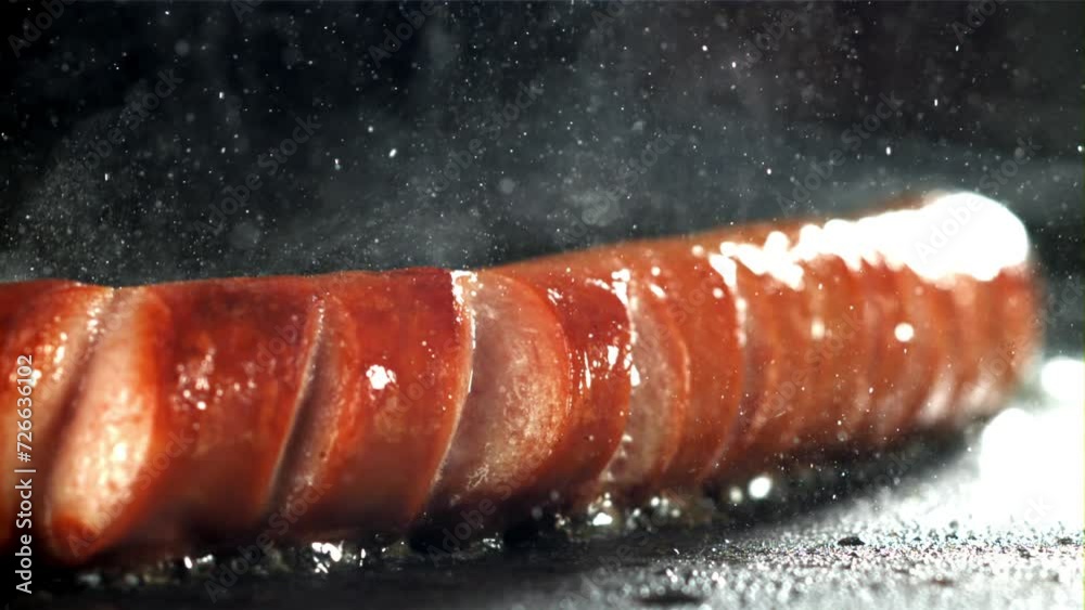 Poster sausages are fried with splashes in a pan. filmed on a high-speed camera at 1000 fps. high quality f