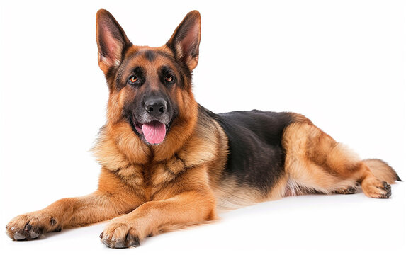 um cão pastor alemão em frente a um fundo branco