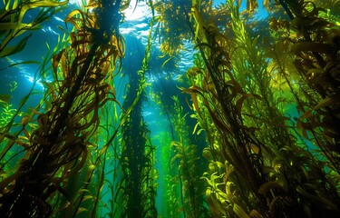 Giant seaweed in the underwater world. Underwater seaweed. Seaweed underwater scene. Giant seaweed underwater