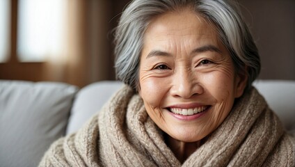 Close-up of a smiling elderly Asian woman wrapped in a warm scarf at home, her eyes expressing joy and serenity.