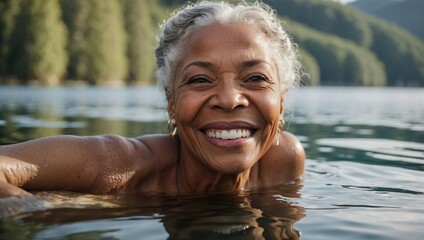 Joyful elderly black woman swimming in a lake, her face beaming with happiness and a serene natural backdrop.