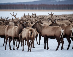 Fototapeta premium Ice-Crowned Symphony: Caribou Spirits Gracefully Roaming the Snowy Wonderland
