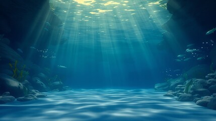 Sunlight Illuminating the Surface and Depths of the Blue Ocean, Capturing the Essence of Summer with Clear Waters and Gentle Sea Waves