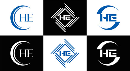 HE logo. H E design. White HE letter. HE, H E letter logo SET design. Initial letter EE linked circle uppercase monogram logo. H E letter logo SET vector design. HE letter logo design	
