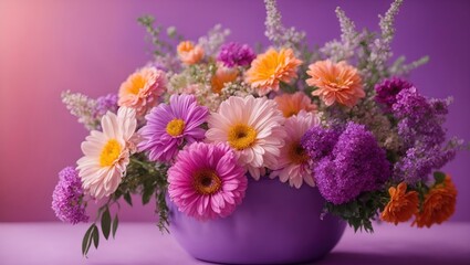 Obraz na płótnie Canvas bouquet of pastel spring flowers on purple background, Beautiful bouquet, vibrant color, orange, wedding, minimal, Attractive bouquet